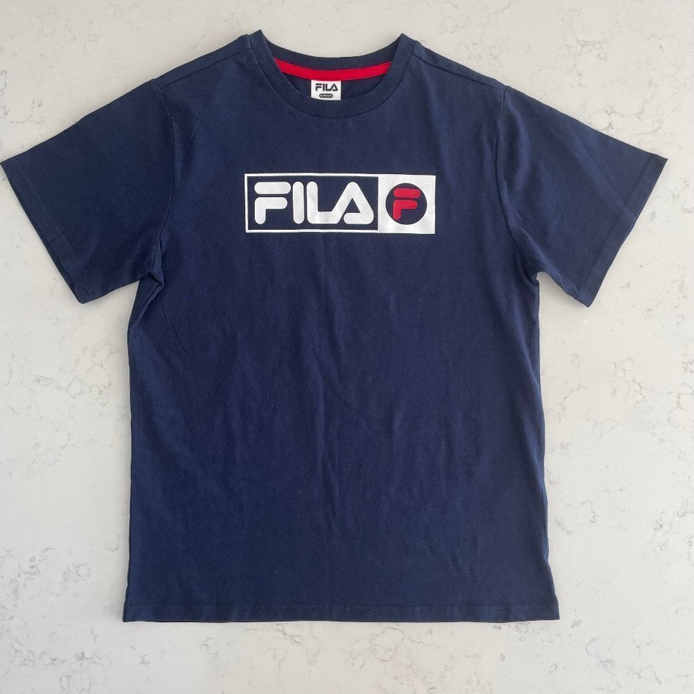 FILA Short Sleeve Crew Neck Cotton Poly Blend T Shirt Top Blue Wht Red Sz S NWOT